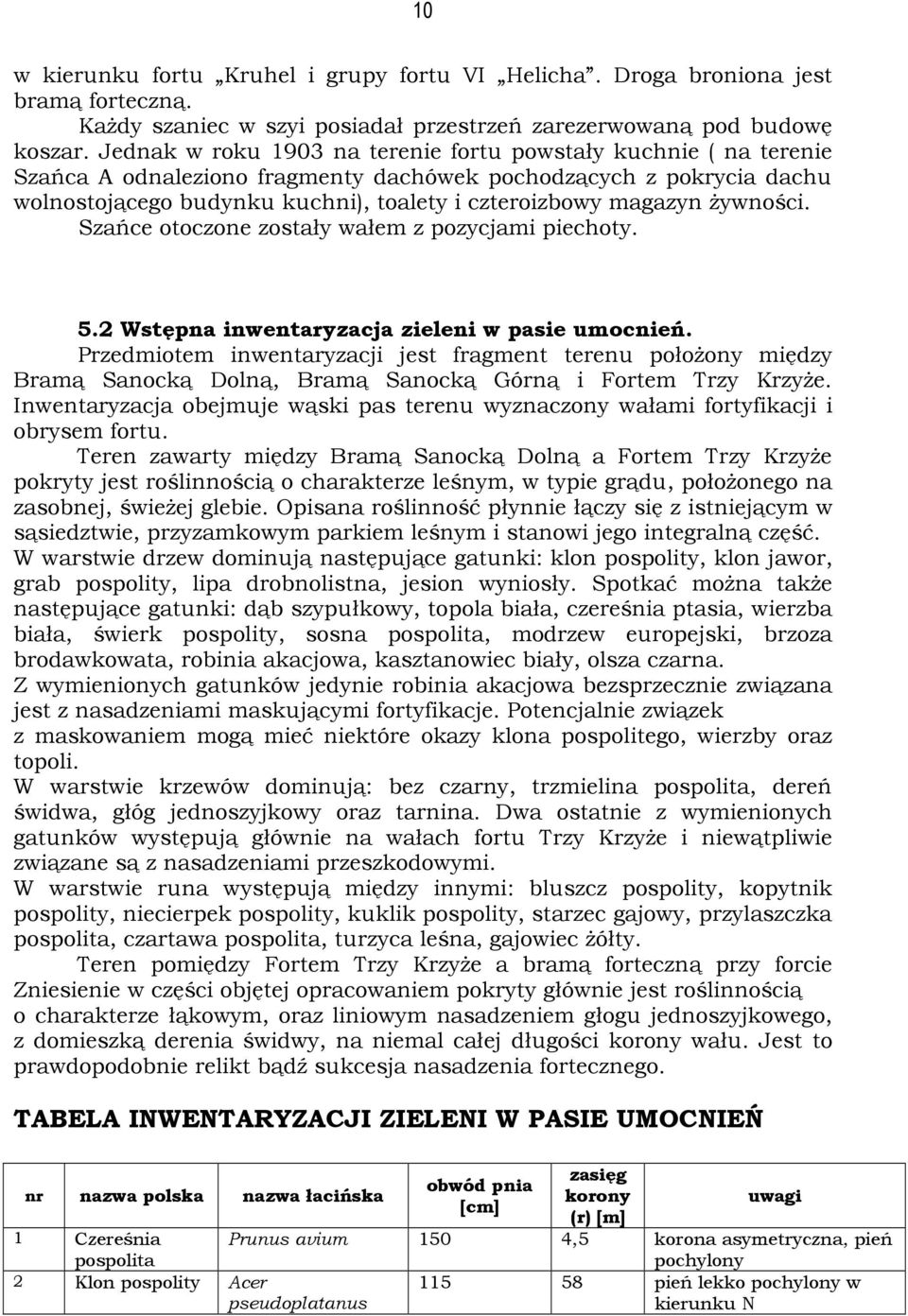 żywności. Szańce otoczone zostały wałem z pozycjami piechoty. 5.2 Wstępna inwentaryzacja zieleni w pasie umocnień.