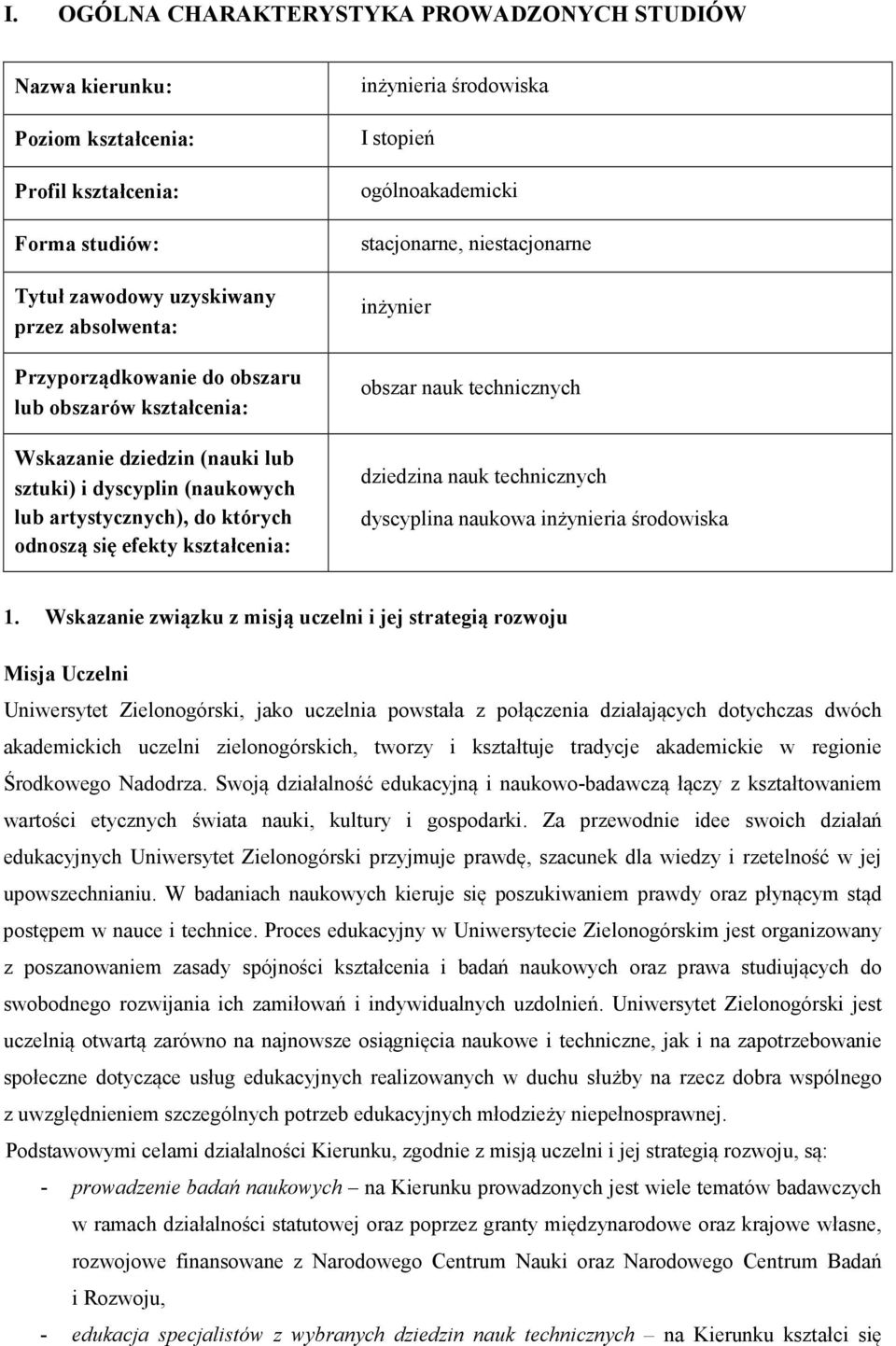 niestacjonarne inżynier obszar nauk technicznych dziedzina nauk technicznych dyscyplina naukowa inżynieria środowiska 1.