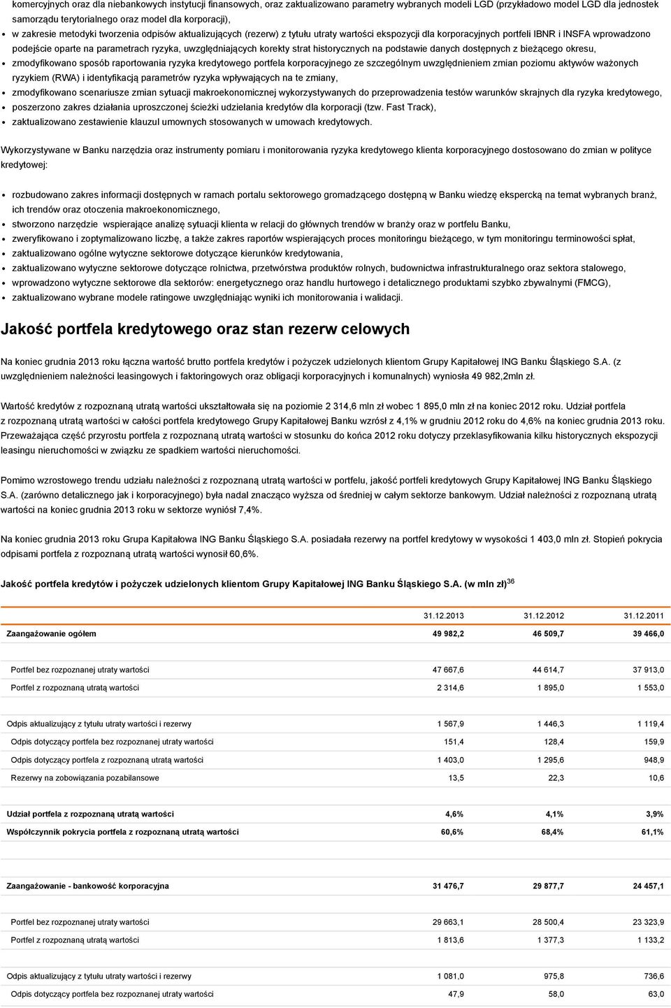 uwzględniających korekty strat historycznych na podstawie danych dostępnych z bieżącego okresu, zmodyfikowano sposób raportowania ryzyka kredytowego portfela korporacyjnego ze szczególnym