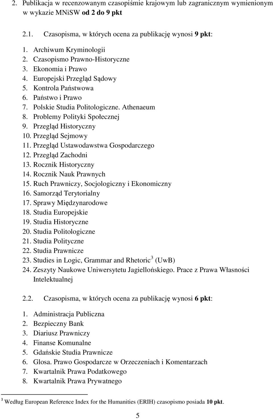 Przegląd Historyczny 10. Przegląd Sejmowy 11. Przegląd Ustawodawstwa Gospodarczego 12. Przegląd Zachodni 13. Rocznik Historyczny 14. Rocznik Nauk Prawnych 15.