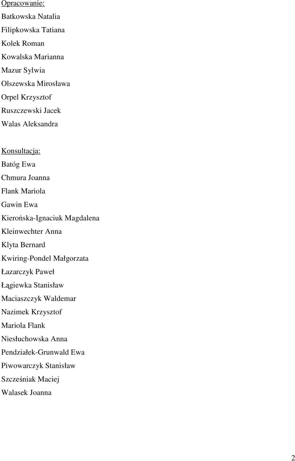 Magdalena Kleinwechter Anna Klyta Bernard Kwiring-Pondel Małgorzata Łazarczyk Paweł Łągiewka Stanisław Maciaszczyk Waldemar
