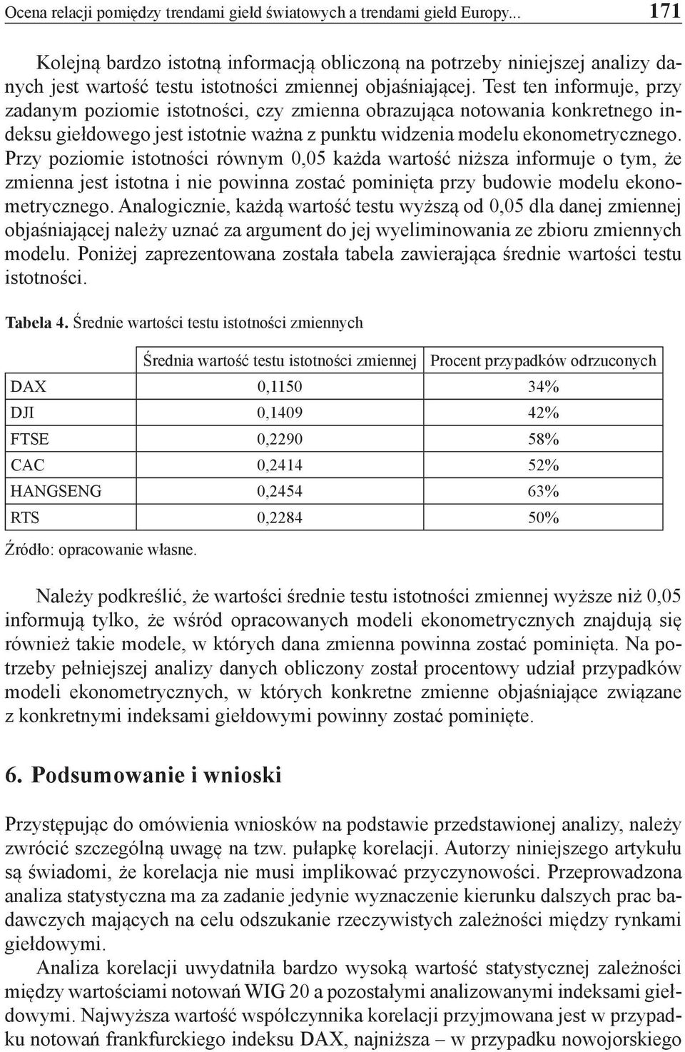 Test ten informuje, przy zadanym poziomie istotności, czy zmienna obrazująca notowania konkretnego indeksu giełdowego jest istotnie ważna z punktu widzenia modelu ekonometrycznego.