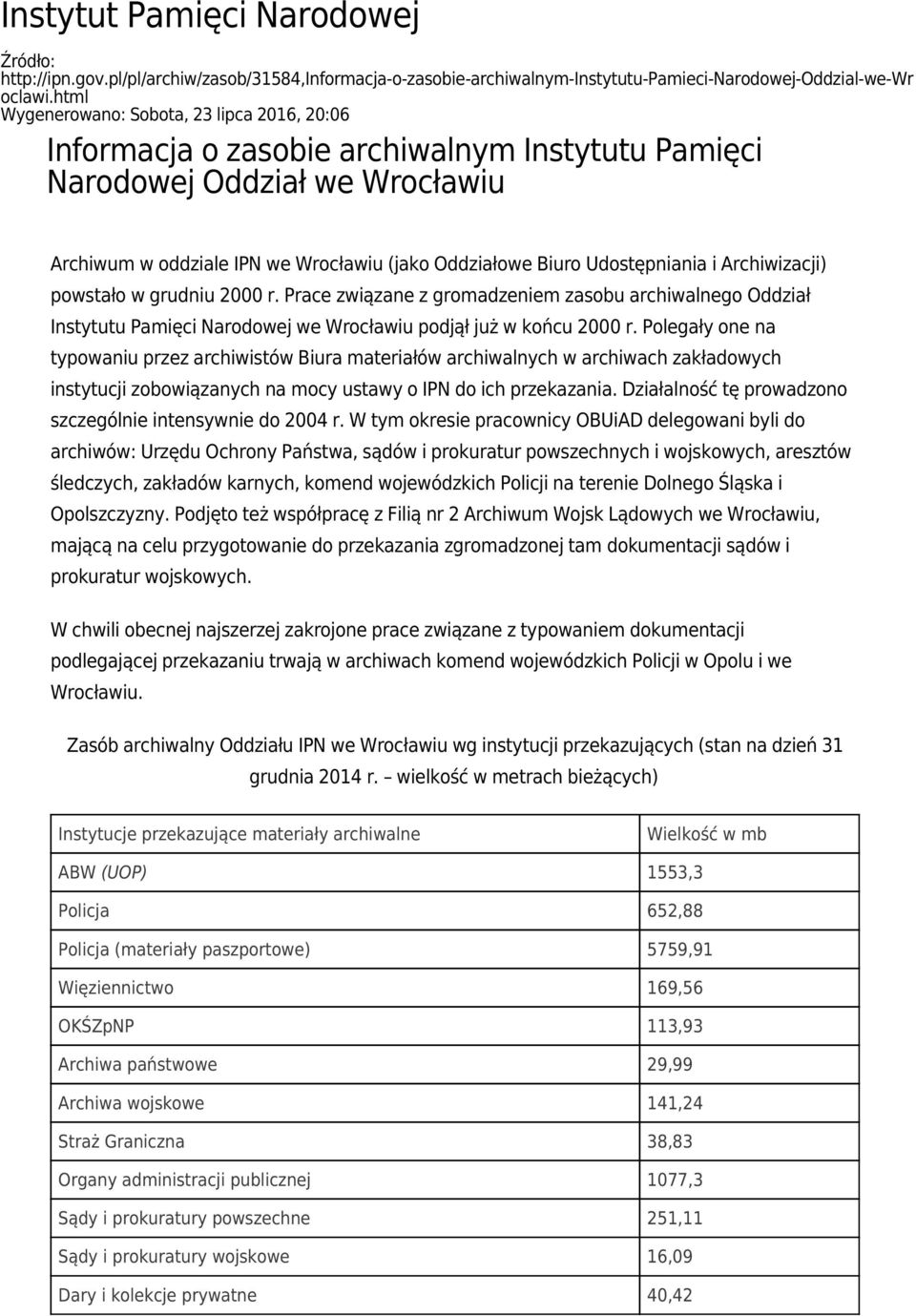 Udostępniania i Archiwizacji) powstało w grudniu 2000 r. Prace związane z gromadzeniem zasobu archiwalnego Oddział Instytutu Pamięci Narodowej we Wrocławiu podjął już w końcu 2000 r.