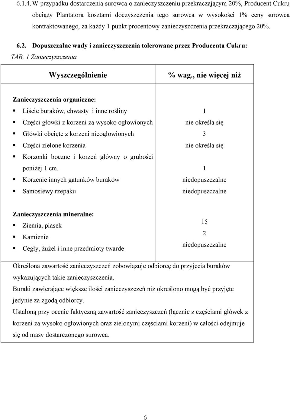 punkt procentowy zanieczyszczenia przekraczającego 20%. 6.2. Dopuszczalne wady i zanieczyszczenia tolerowane przez Producenta Cukru: TAB. 1 Zanieczyszczenia Wyszczególnienie % wag.