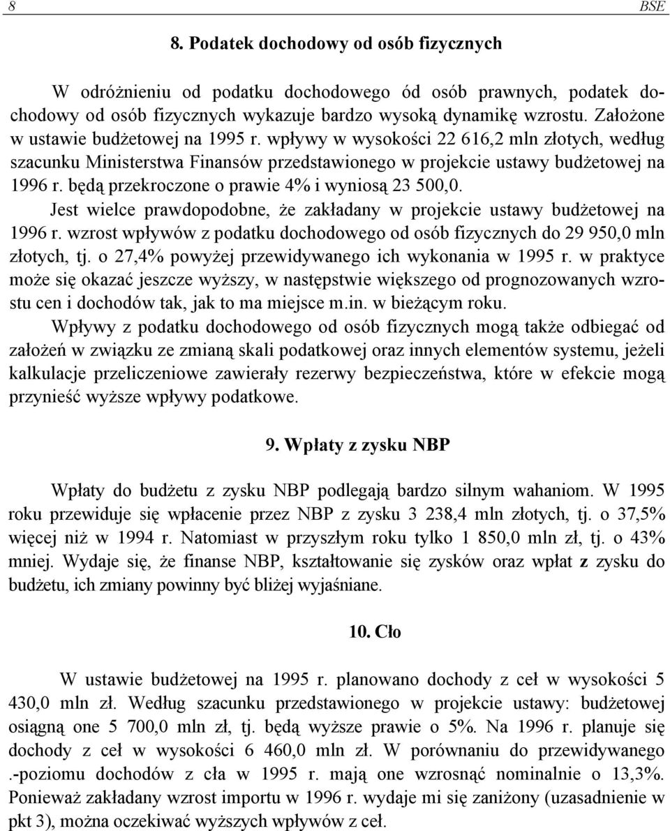 będą przekroczone o prawie 4% i wyniosą 23 500,0. Jest wielce prawdopodobne, że zakładany w projekcie ustawy budżetowej na 1996 r.