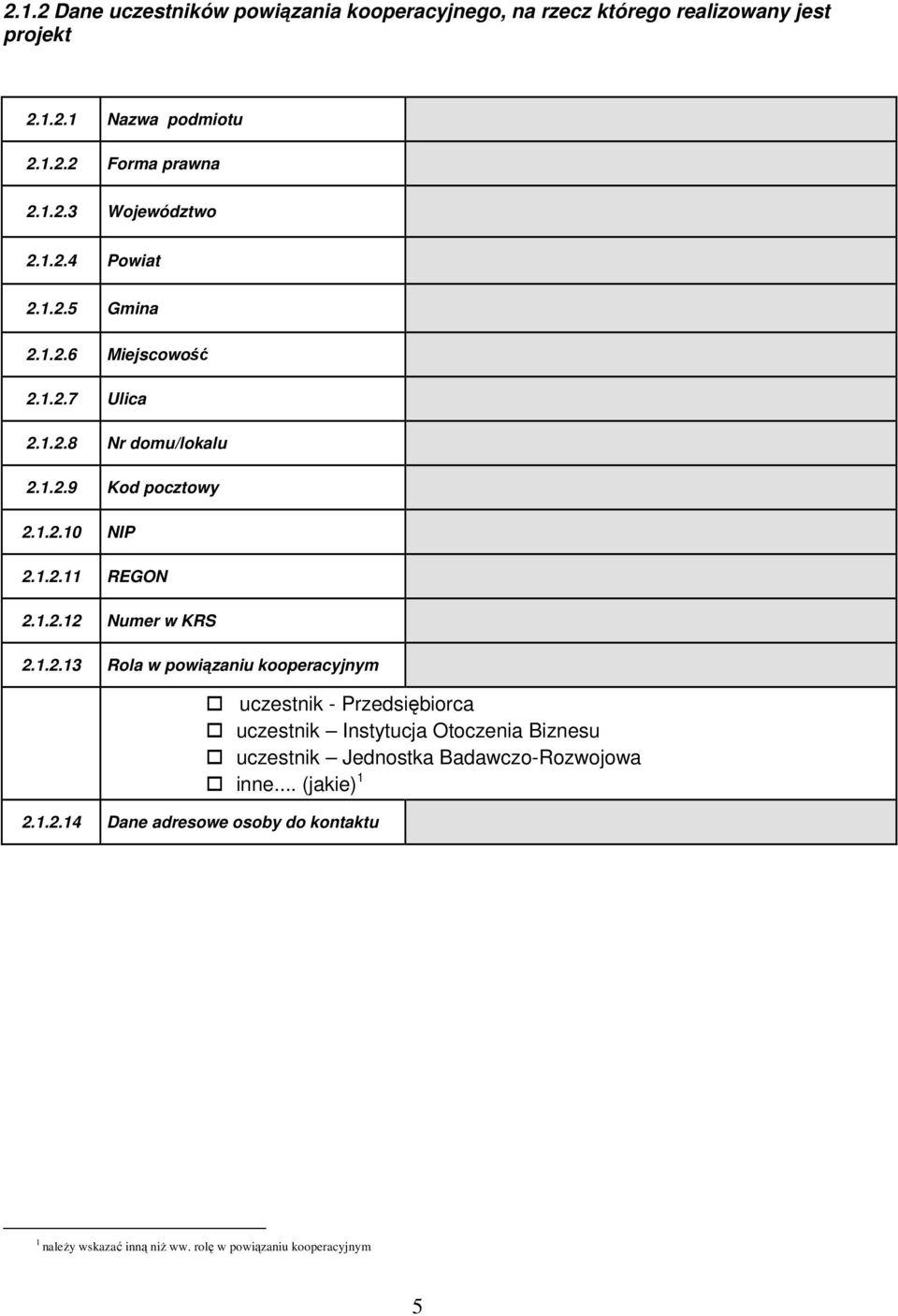 1.2.13 Rola w powiązaniu kooperacyjnym 2.1.2.14 Dane adresowe osoby do kontaktu uczestnik - Przedsiębiorca uczestnik Instytucja Otoczenia