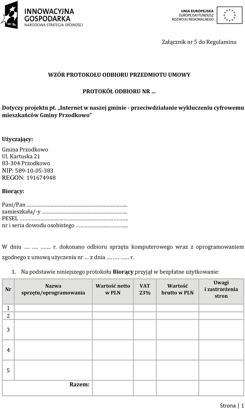 Kartuska 21 83 304 Przodkowo NIP: 589 10 05 383 REGON: 191674948 Biorący: Pani/Pan... zamieszkała/ y. PESEL.. nr i seria dowodu osobistego... W dniu... r.