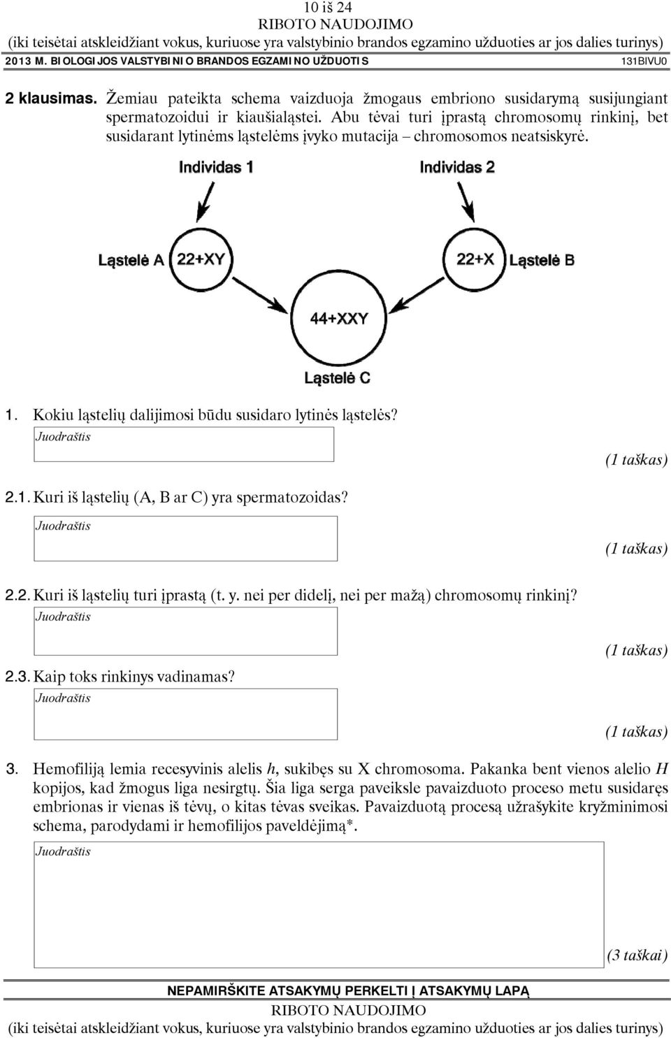 2.2. Kuri iš ląstelių turi įprastą (t. y. nei per didelį, nei per mažą) chromosomų rinkinį? 2.3. Kaip toks rinkinys vadinamas? 3. Hemofiliją lemia recesyvinis alelis h, sukibęs su X chromosoma.