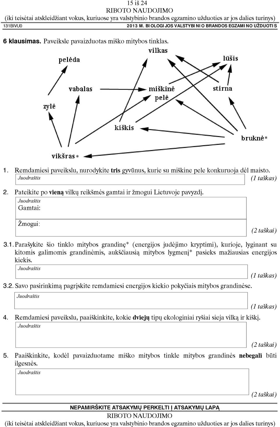 Parašykite šio tinklo mitybos grandinę* (energijos judėjimo kryptimi), kurioje, lyginant su kitomis galimomis grandinėmis, aukščiausią mitybos lygmenį* pasieks mažiausias energijos kiekis. 3.2.