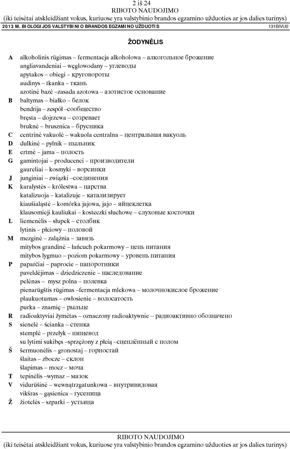углеводы apytakos obiegi круговороты audinys tkanka ткань azotinė bazė zasada azotowa азотистое основание baltymas białko белок bendrija zespół сообщество bręsta dojrzewa созревает bruknė brusznica