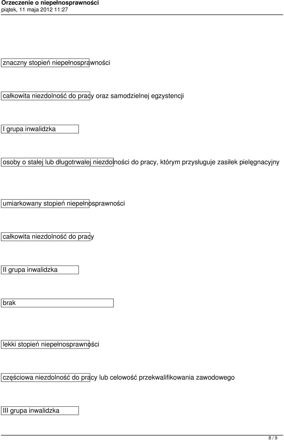 umiarkowany stopień niepełnosprawności całkowita niezdolność do pracy II grupa inwalidzka brak lekki stopień