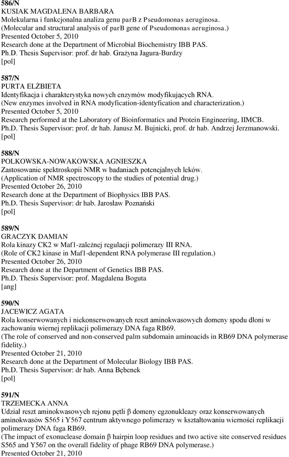 Grażyna Jagura-Burdzy 587/N PURTA ELŻBIETA Identyfikacja i charakterystyka nowych enzymów modyfikujących RNA. (New enzymes involved in RNA modyfication-identyfication and characterization.
