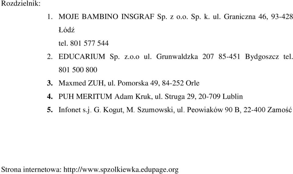 Maxmed ZUH, ul. Pomorska 49, 84-252 Orle 4. PUH MERITUM Adam Kruk, ul. Struga 29, 20-709 Lublin 5.