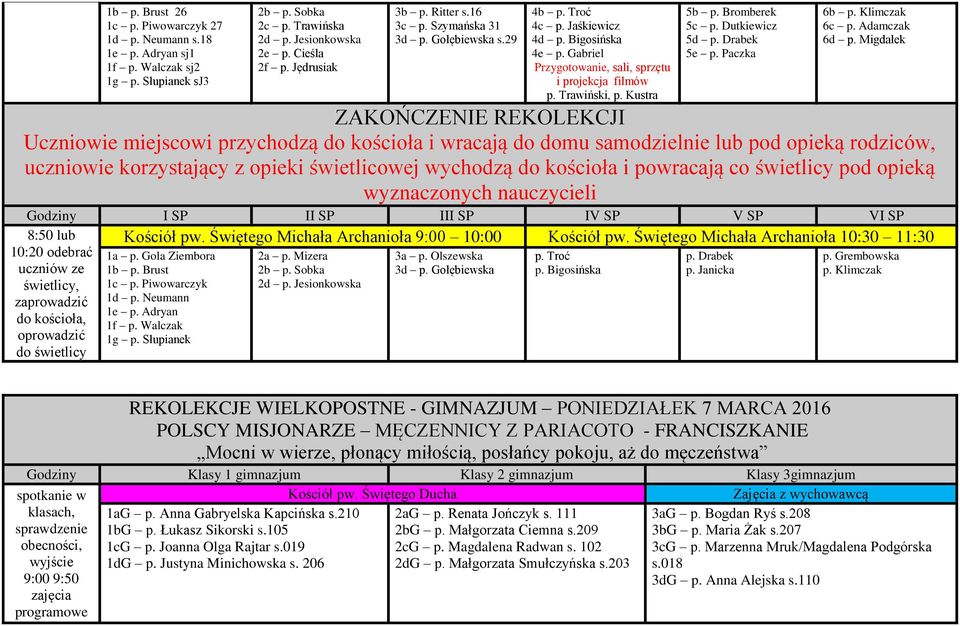 Migdałek ZAKOŃCZENIE REKOLEKCJI Uczniowie miejscowi przychodzą do kościoła i wracają do domu samodzielnie lub pod opieką rodziców, uczniowie korzystający z opieki świetlicowej wychodzą do kościoła i