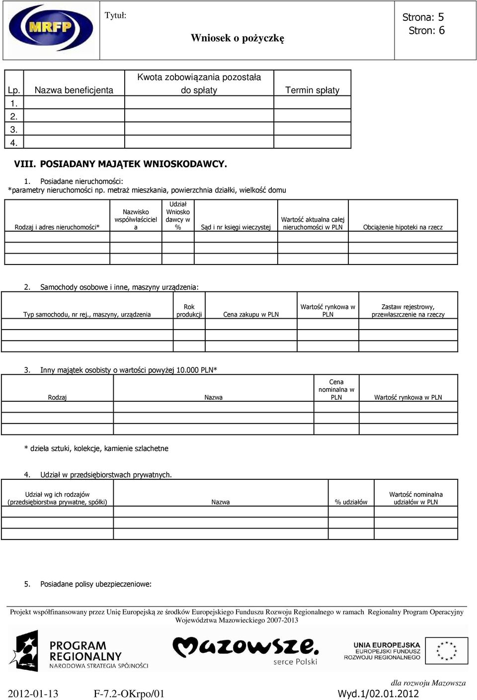 nieruchomości w PLN Obciążenie hipoteki na rzecz 2. Samochody osobowe i inne, maszyny urządzenia: Typ samochodu, nr rej.