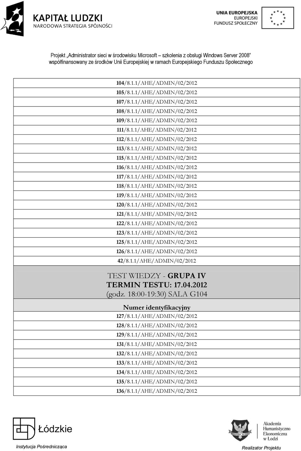 1.1/AHE/ADMIN/02/2012 123/8.1.1/AHE/ADMIN/02/2012 125/8.1.1/AHE/ADMIN/02/2012 126/8.1.1/AHE/ADMIN/02/2012 42/8.1.1/AHE/ADMIN/02/2012 TEST WIEDZY - GRUPA IV TERMIN TESTU: 17.04.2012 (godz.