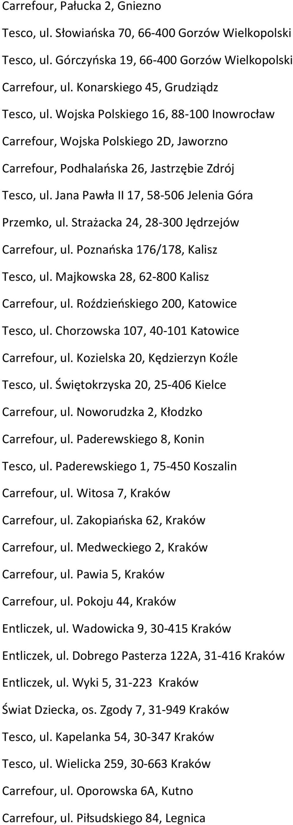 Strażacka 24, 28-300 Jędrzejów Carrefour, ul. Poznańska 176/178, Kalisz Tesco, ul. Majkowska 28, 62-800 Kalisz Carrefour, ul. Roździeńskiego 200, Katowice Tesco, ul.