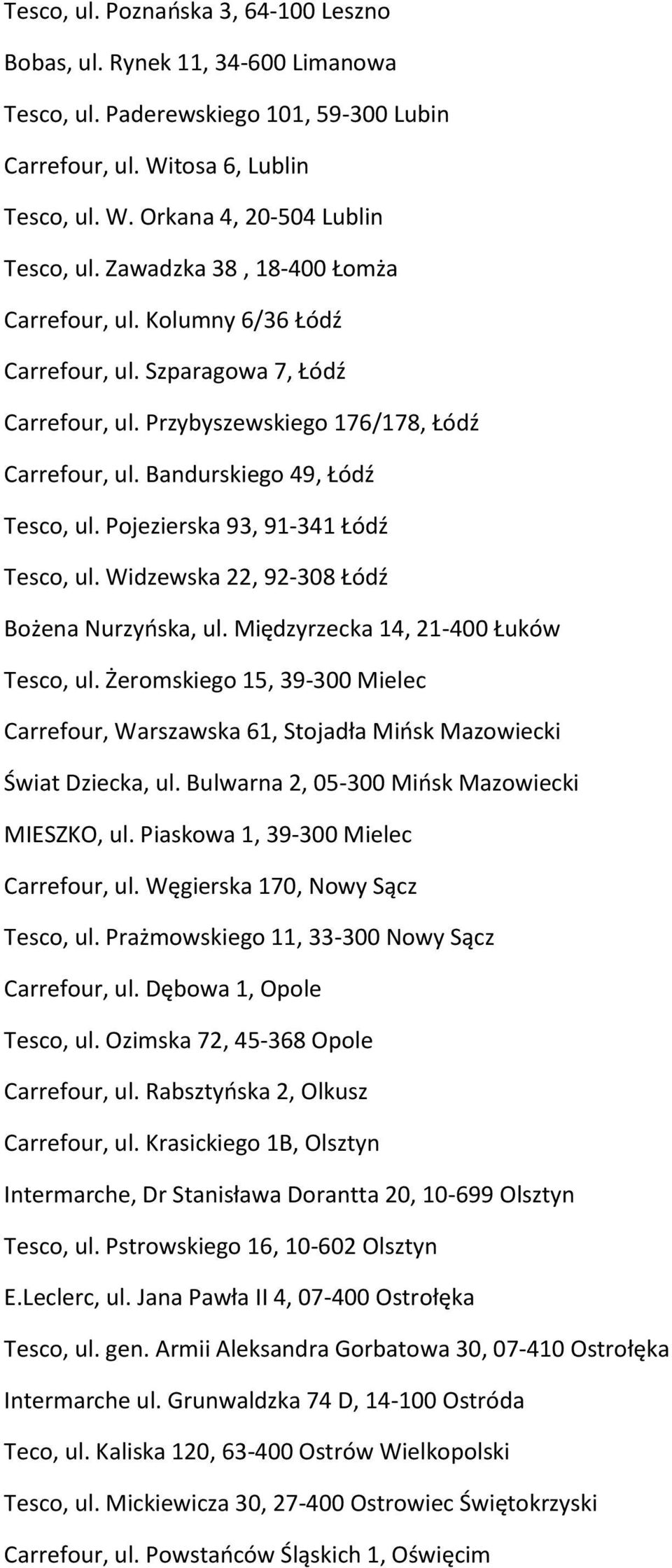 Pojezierska 93, 91-341 Łódź Tesco, ul. Widzewska 22, 92-308 Łódź Bożena Nurzyńska, ul. Międzyrzecka 14, 21-400 Łuków Tesco, ul.