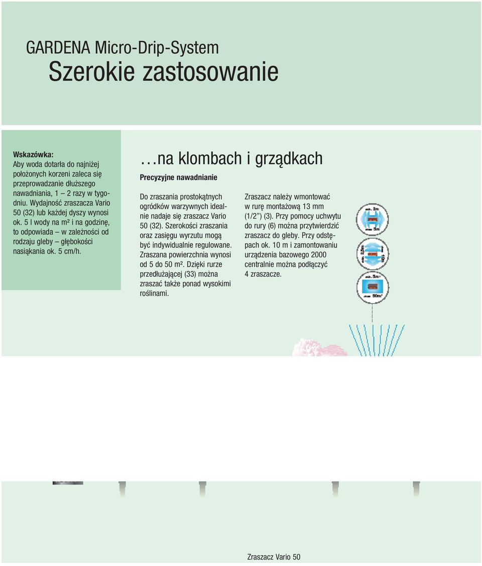 na klombach i grządkach Precyzyjne nawadnianie Do zraszania prostokątnych ogródków warzywnych idealnie nadaje się zraszacz Vario 50 (32).