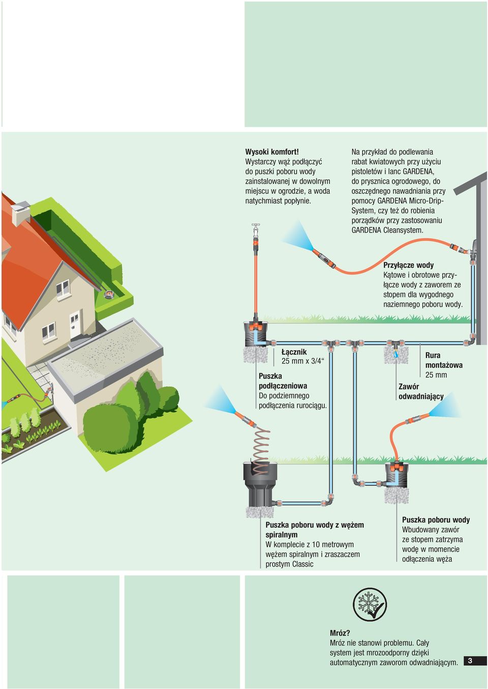 zastosowaniu GARDENA Cleansystem. Przyłącze wody Kątowe i obrotowe przyłącze wody z zaworem ze stopem dla wygodnego naziemnego poboru wody.