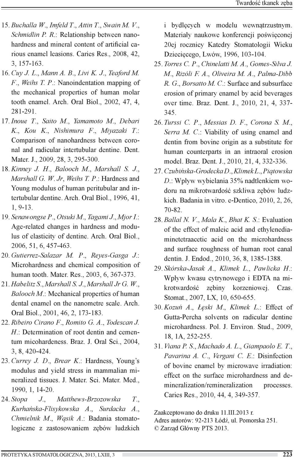 , 2002, 47, 4, 281-291. 17. Inoue T., Saito M., Yamamoto M., Debari K., Kou K., Nishimura F., Miyazaki T.: Comparison of nanohardness between coronal and radicular intertubular dentine. Dent. Mater.