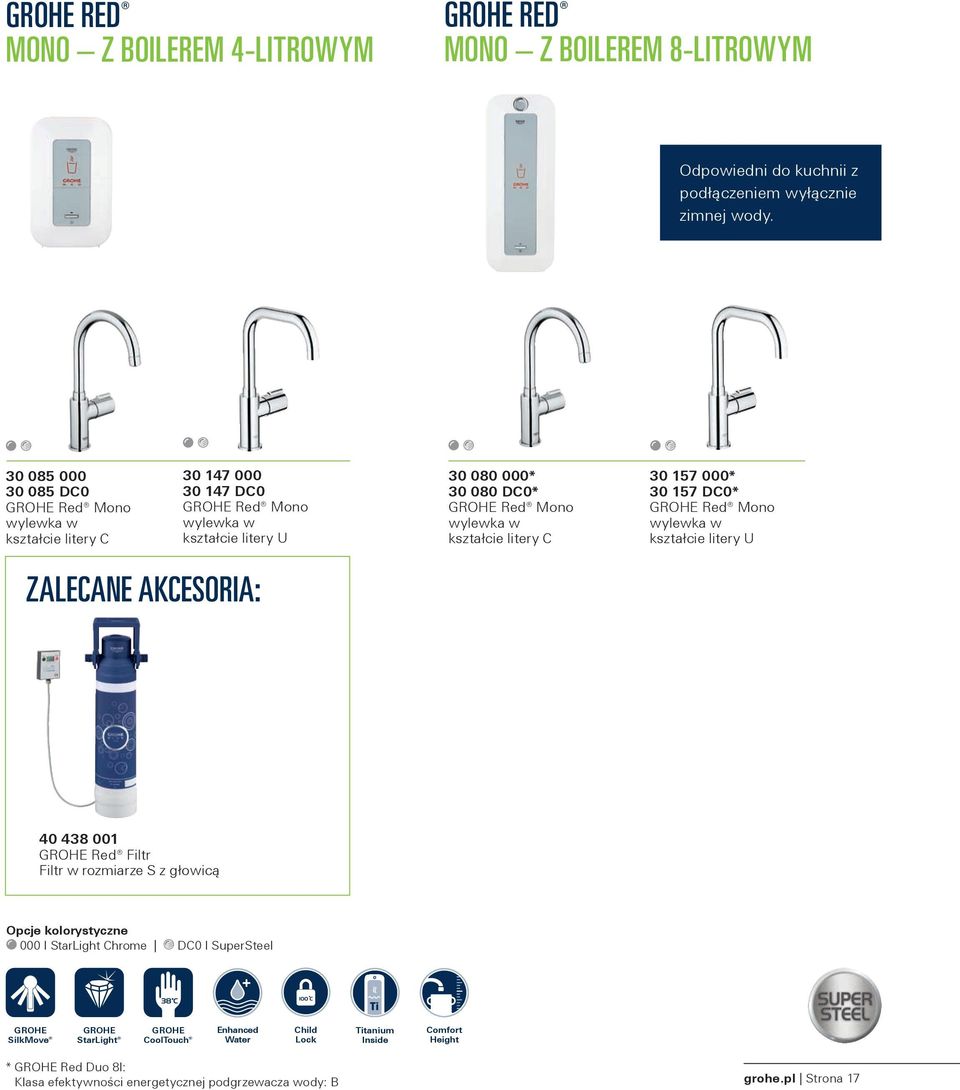 kształcie litery C 30 157 000* 30 157 DC0* GROHE Red Mono wylewka w kształcie litery U ZALECANE AKCESORIA: 40 438 001 GROHE Red Filtr Filtr w rozmiarze S z głowicą Opcje kolorystyczne