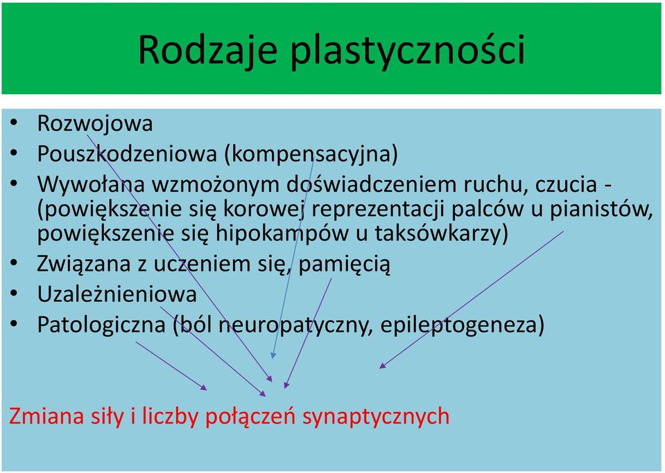 pianistów, powiększenie się hipokampów u taksówkarzy) Związana z uczeniem się, pamięcią