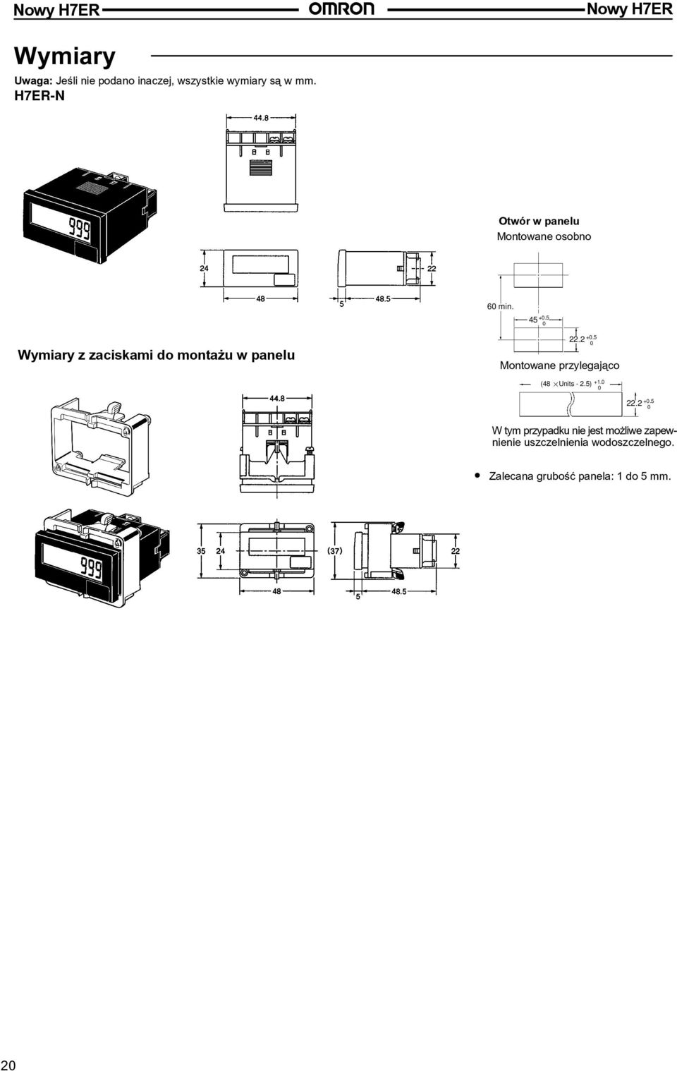 5 Wymiary z zaciskami do monta u w panelu 22.2 +.5 Montowane przylegaj¹co (48 Units - 2.