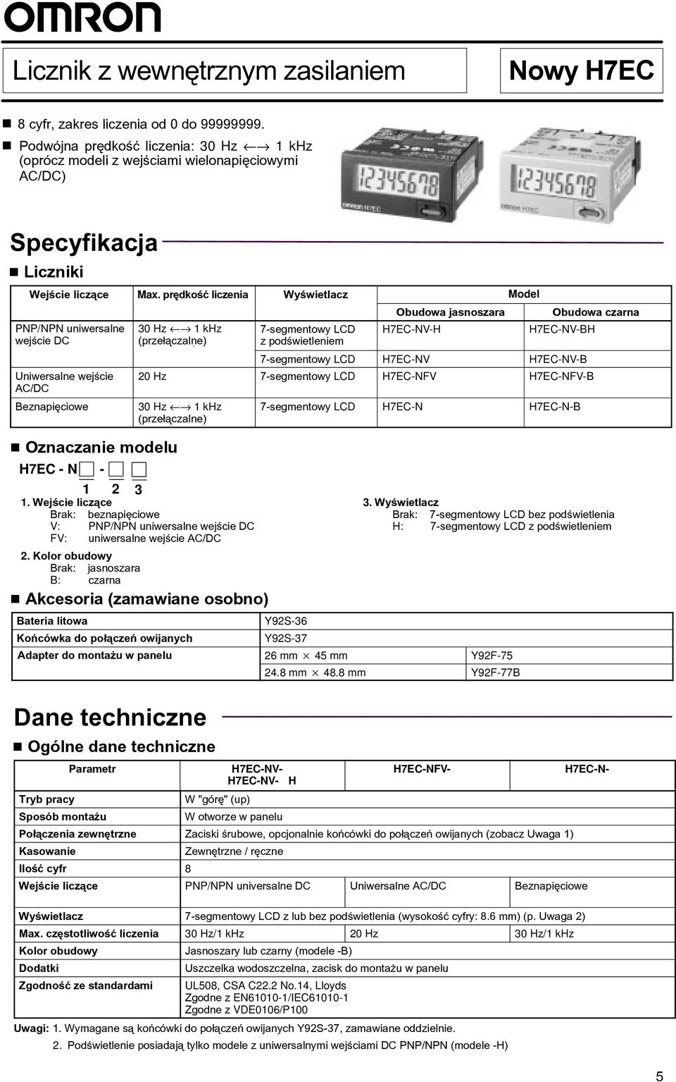 prêdkoœæ liczenia Wyœwietlacz Model PNP/NPN uniwersalne wejœcie DC Uniwersalne wejœcie AC/DC Beznapiêciowe Oznaczanie modelu H7EC - N - 3 Hz 1 khz (prze³¹czalne) ) 7-segmentowy LCD z podœwietleniem