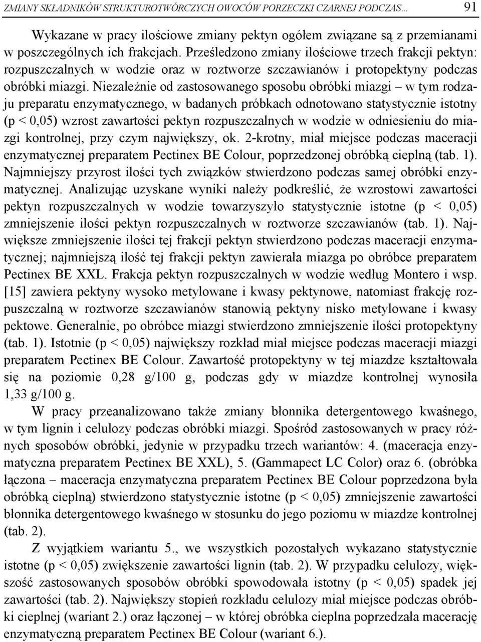 Niezależnie od zastosowanego sposobu obróbki miazgi w tym rodzaju preparatu enzymatycznego, w badanych próbkach odnotowano statystycznie istotny (p < 0,05) wzrost zawartości pektyn rozpuszczalnych w