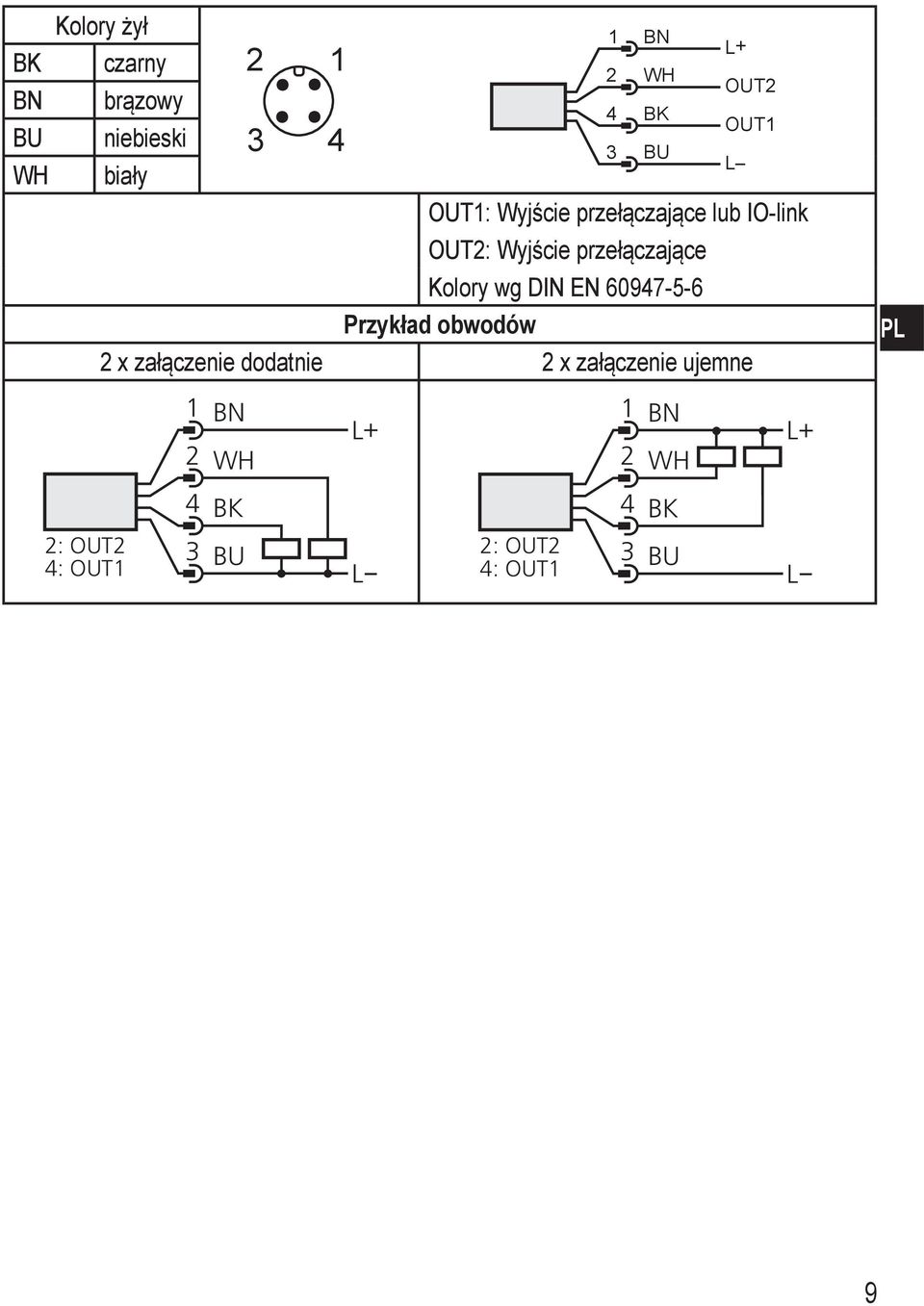 Kolory wg DIN EN 60947-5-6 Przykład obwodów 2 x załączenie dodatnie 2 x załączenie