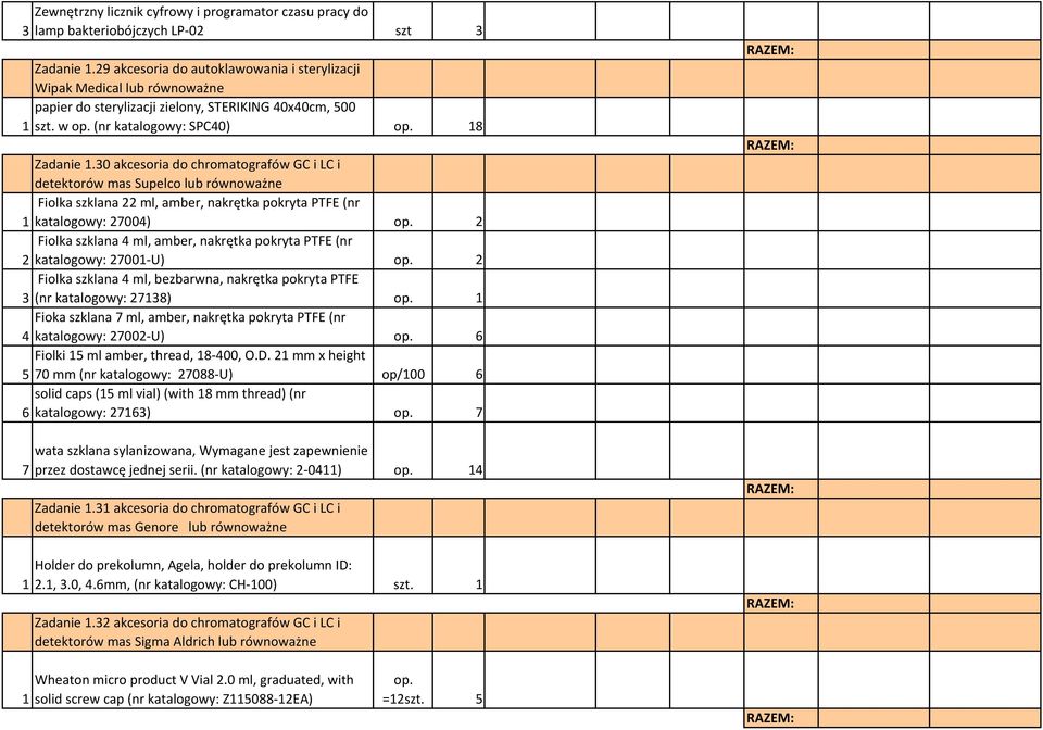 30 akcesoria do chromatografów GC i LC i detektorów mas Supelco lub Fiolka szklana 22 ml, amber, nakrętka pokryta PTFE (nr 1 katalogowy: 27004) op.
