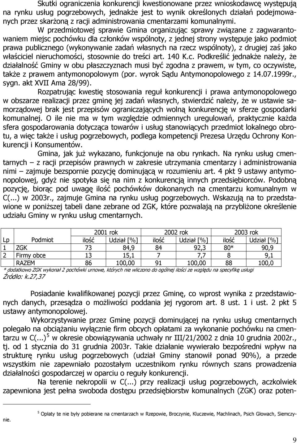 W przedmiotowej sprawie Gmina organizując sprawy związane z zagwarantowaniem miejsc pochówku dla członków wspólnoty, z jednej strony występuje jako podmiot prawa publicznego (wykonywanie zadań