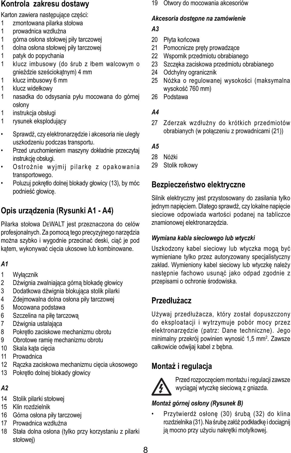1 rysunek eksplodujący Sprawdź, czy elektronarzędzie i akcesoria nie uległy uszkodzeniu podczas transportu. Przed uruchomieniem maszyny dokładnie przeczytaj instrukcję obsługi.