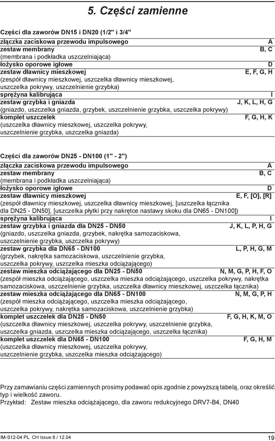uszczelnienie grzybka, uszczelka pokrywy) komplet uszczelek (uszczelka dławnicy mieszkowej, uszczelka pokrywy, uszczelnienie grzybka, uszczelka gniazda) A B, C D E, F, G, H I J, K, L, H, G F, G, H, K