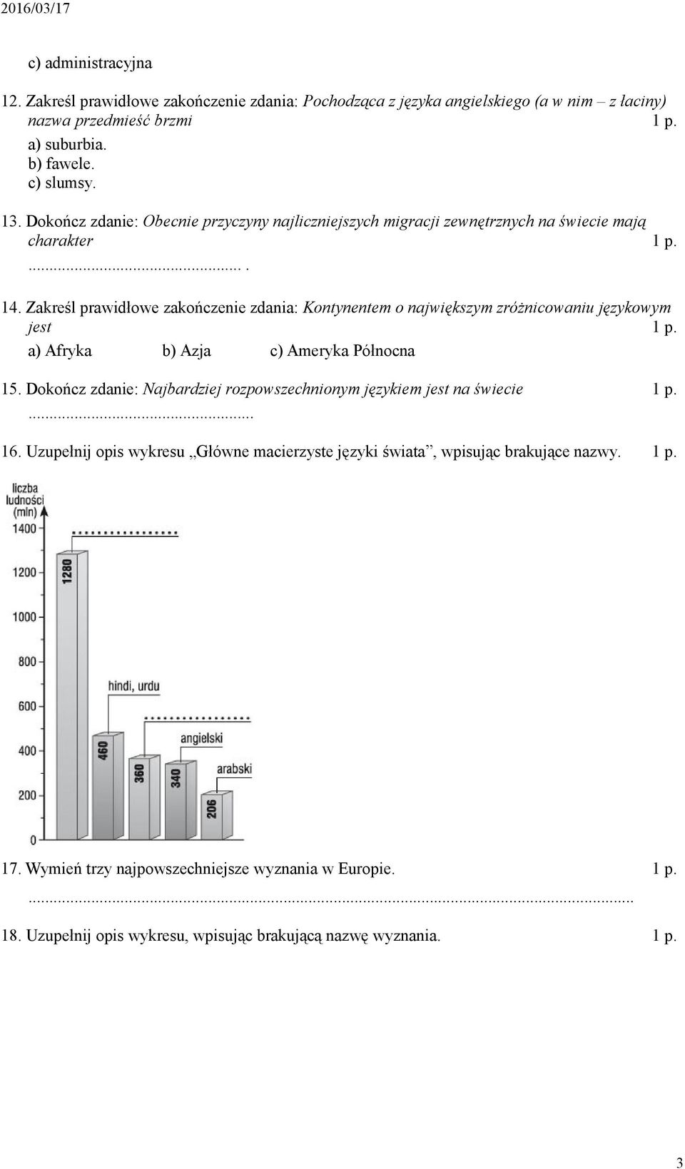 Zakreśl prawidłowe zakończenie zdania: Kontynentem o największym zróżnicowaniu językowym jest a) Afryka b) Azja c) Ameryka Północna 15.