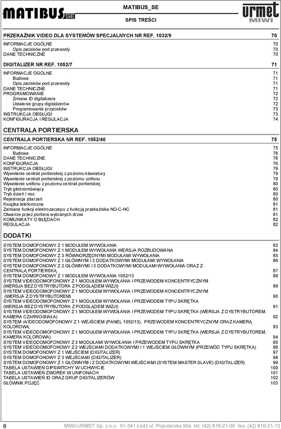 INSTRUKCJA OBSŁUGI 73 KFIGURACJA I REGULACJA 74 CENTRALA PORTIERSKA CENTRALA PORTIERSKA NR REF.