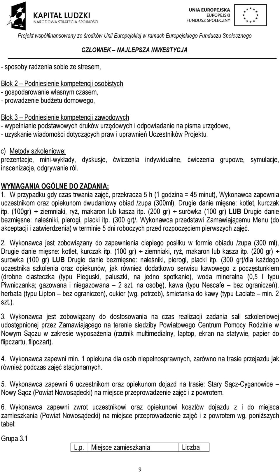 c) Metody szkoleniowe: prezentacje, mini-wykłady, dyskusje, ćwiczenia indywidualne, ćwiczenia grupowe, symulacje, inscenizacje, odgrywanie ról. WYMAGANIA OGÓLNE DO ZADANIA: 1.