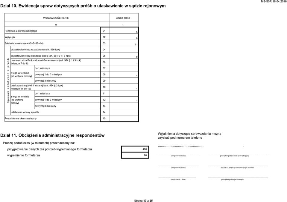 pozostawiono bez rozpoznania (art. 566 kpk) 04 S p o s ó b z a ł a t w i e n i a p r ó ś b pozostawiono bez dalszego biegu (art. 564 1 i 3 kpk) 05 przesłano akta Prokuratorowi Generalnemu (art.