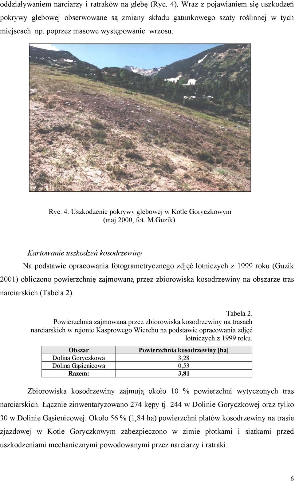Kartowanie uszkodzeń kosodrzewiny Na podstawie opracowania fotogrametrycznego zdjęć lotniczych z 1999 roku (Guzik 2001) obliczono powierzchnię zajmowaną przez zbiorowiska kosodrzewiny na obszarze