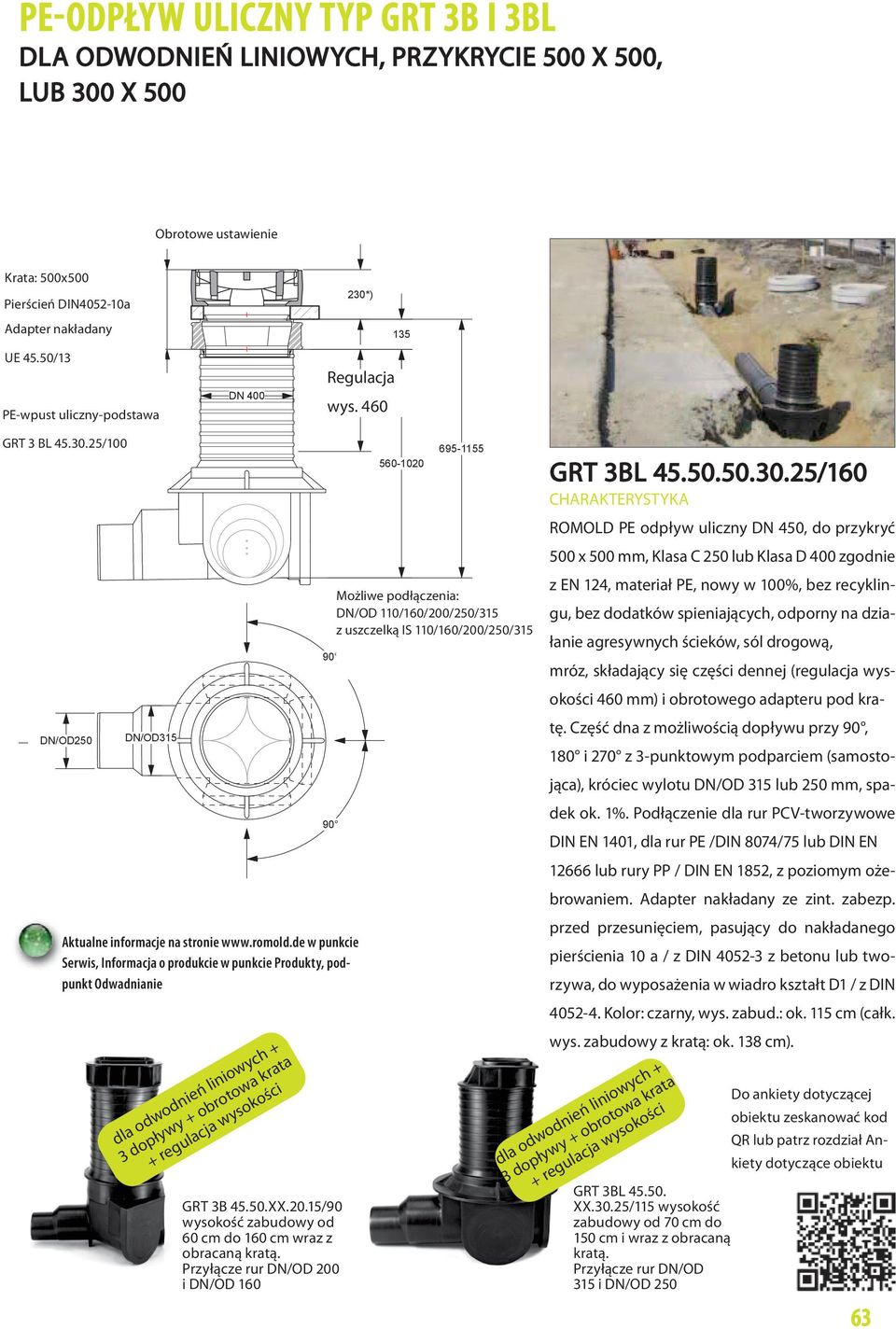 romold.de w punkcie Serwis, Informacja o produkcie w punkcie Produkty, podpunkt Odwadnianie GRT B.0.XX.0./90 wysokość zabudowy od 60 cm do 60 cm wraz z obracaną kratą.