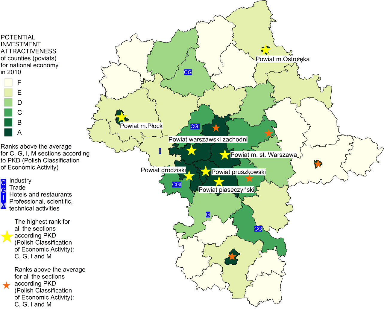 Synthetic evaluation of potential investment attractiveness of poviats of Masovian voivodship is presented in Exhibit 4.