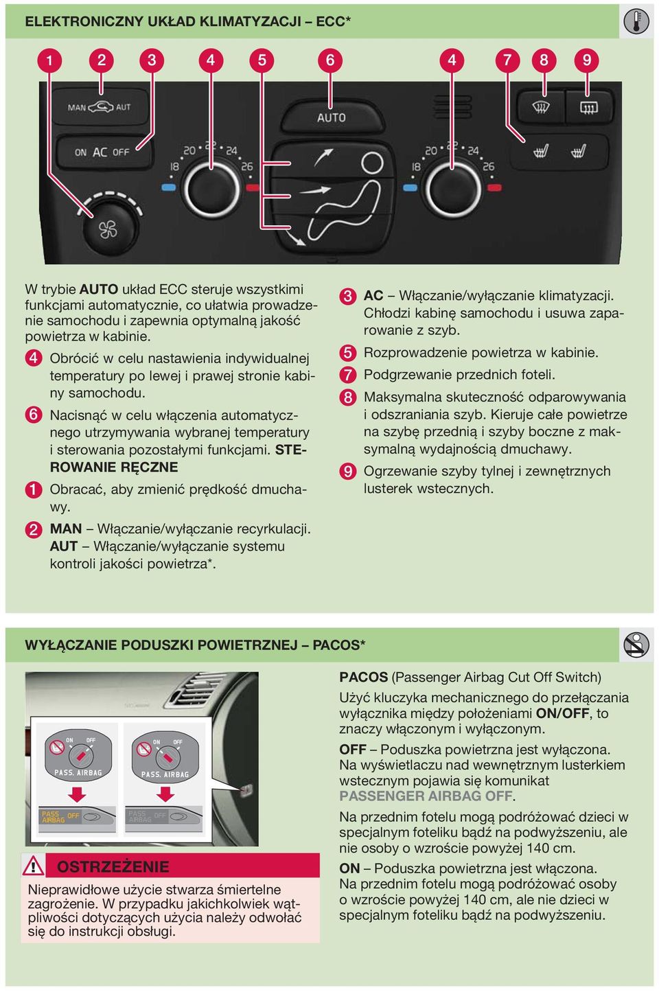 6 Nacisnąć w celu włączenia automatycznego utrzymywania wybranej temperatury i sterowania pozostałymi funkcjami. STE- ROWNIE RĘCZNE 1 Obracać, aby zmienić prędkość dmuchawy.