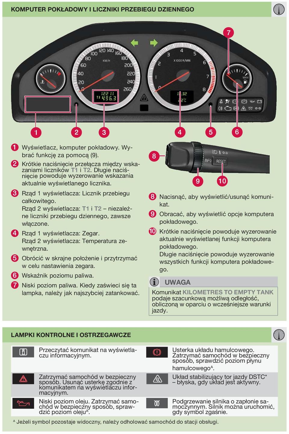 Rząd 2 wyświetlacza: T1 i T2 niezależne liczniki przebiegu dziennego, zawsze włączone. 4 Rząd 1 wyświetlacza: Zegar. Rząd 2 wyświetlacza: Temperatura zewnętrzna.