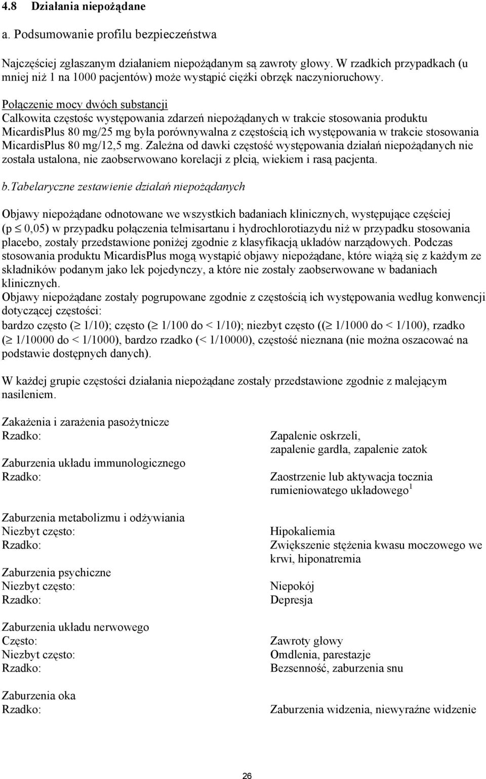 Połączenie mocy dwóch substancji Calkowita częstośc występowania zdarzeń niepożądanych w trakcie stosowania produktu MicardisPlus 80 mg/25 mg była porównywalna z częstością ich występowania w trakcie