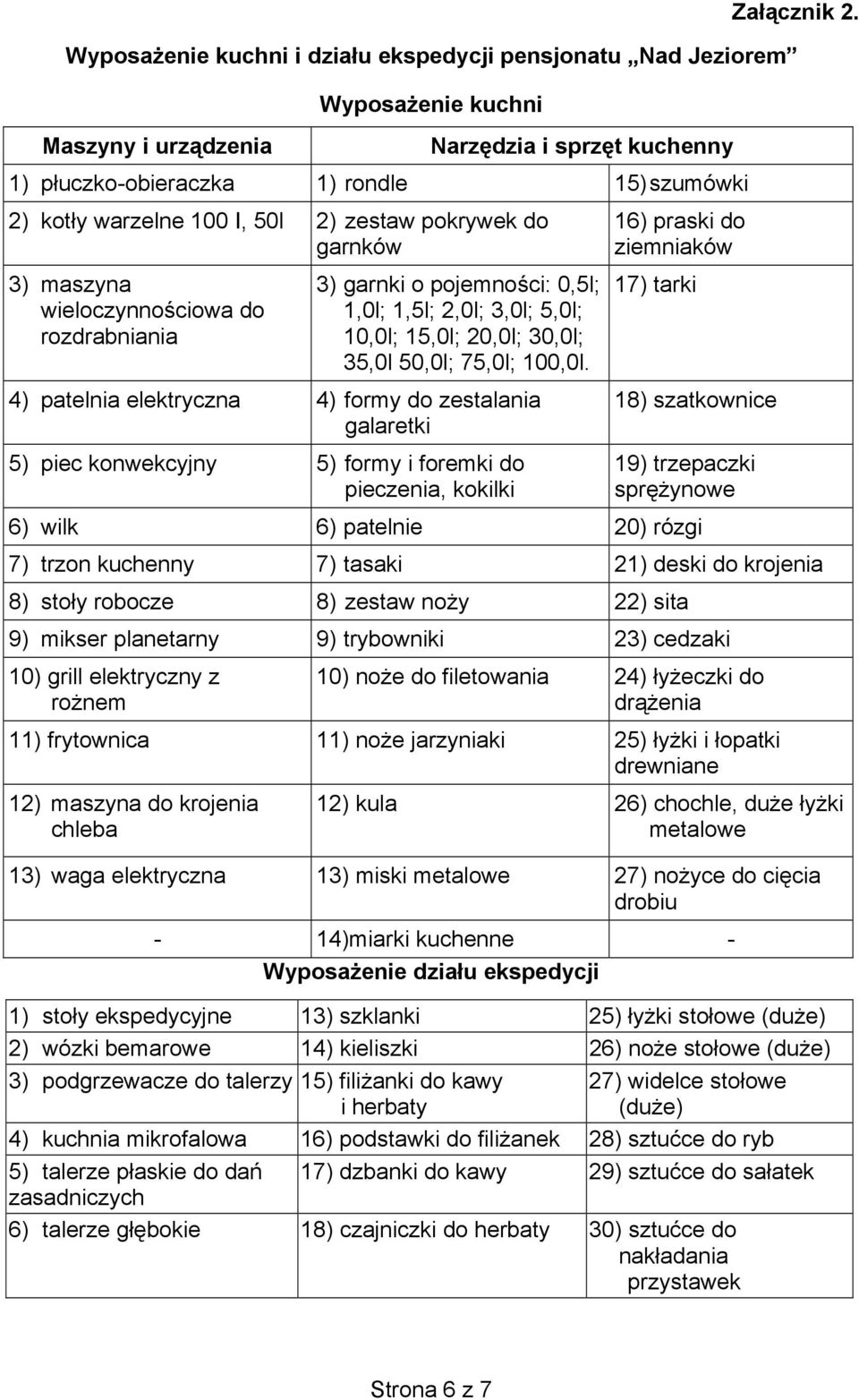 I, 50l 2) zestaw pokrywek do garnków 16) praski do ziemniaków 3) maszyna wieloczynno ciowa do rozdrabniania 3) garnki o pojemno ci: 0,5l; 1,0l; 1,5l; 2,0l; 3,0l; 5,0l; 10,0l; 15,0l; 20,0l; 30,0l;