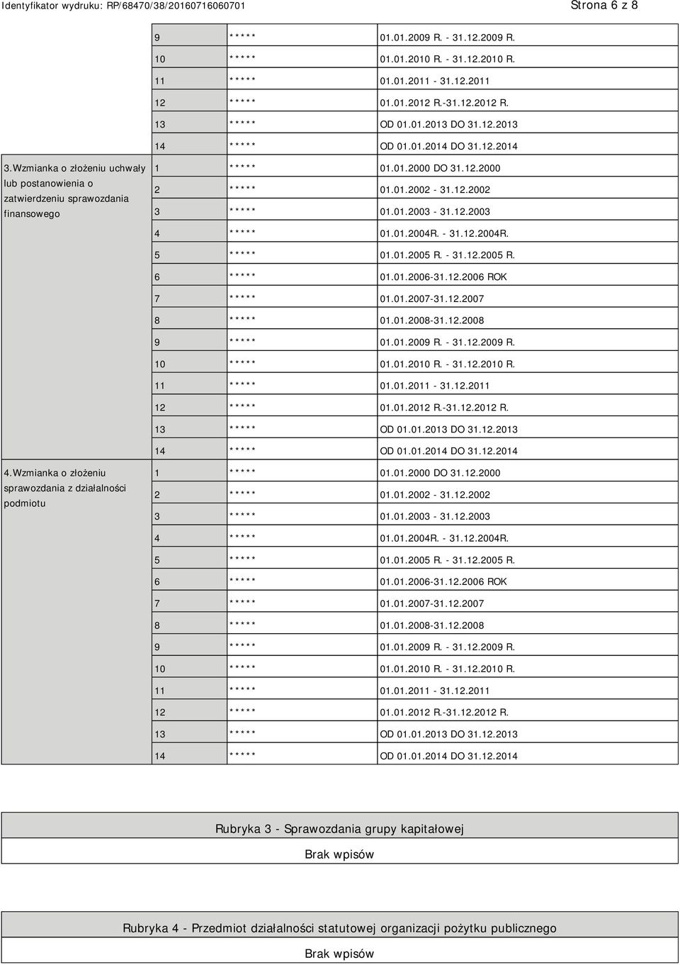 01.2004R. - 31.12.2004R. 5 ***** 01.01.2005 R. - 31.12.2005 R. 6 ***** 01.01.2006-31.12.2006 ROK 7 ***** 01.01.2007-31.12.2007 8 ***** 01.01.2008-31.12.2008 9 ***** 01.01.2009 R. - 31.12.2009 R. 10 ***** 01.
