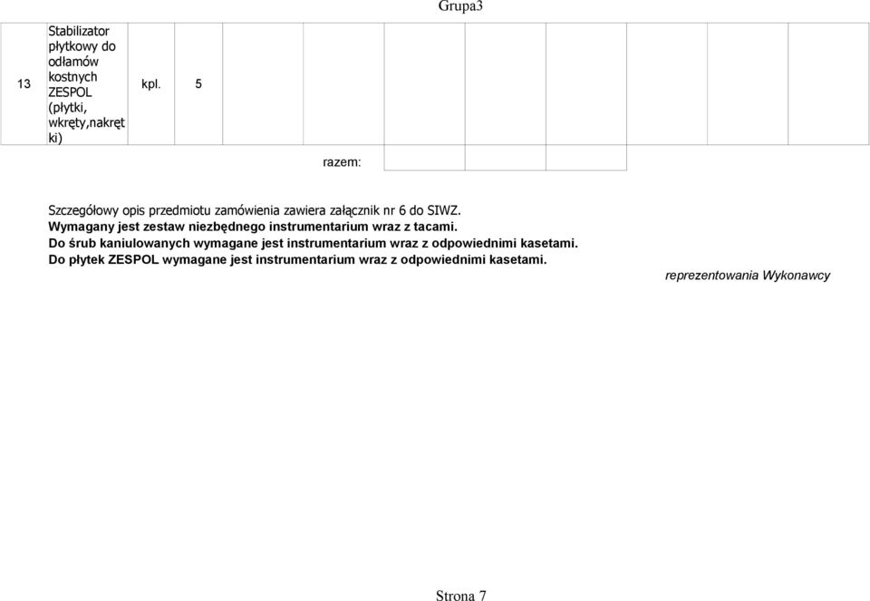 Wymagany jest zestaw niezbędnego instrumentarium wraz z tacami.