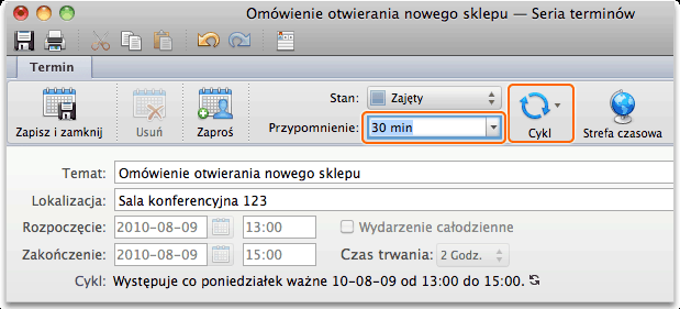 Wpisz temat i lokalizację terminu, a następnie wybierz daty oraz godziny rozpoczęcia i zakończenia.