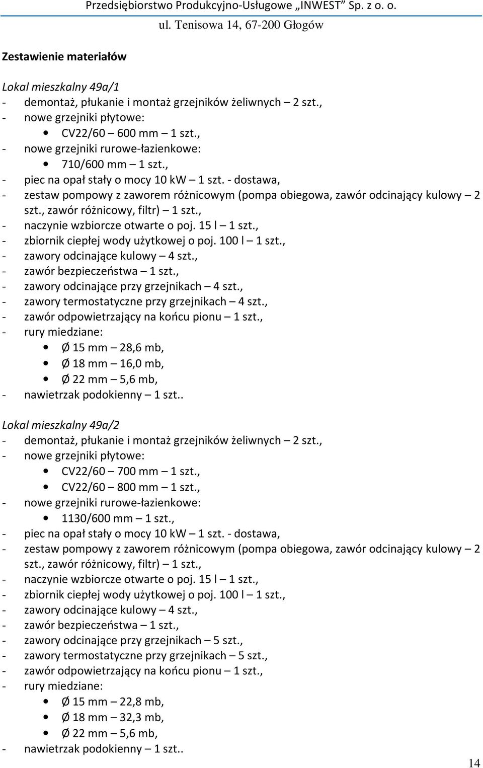 , - naczynie wzbiorcze otwarte o poj. 15 l 1 szt., - zbiornik ciepłej wody użytkowej o poj. 100 l 1 szt., - zawory odcinające kulowy 4 szt., - zawór bezpieczeństwa 1 szt.